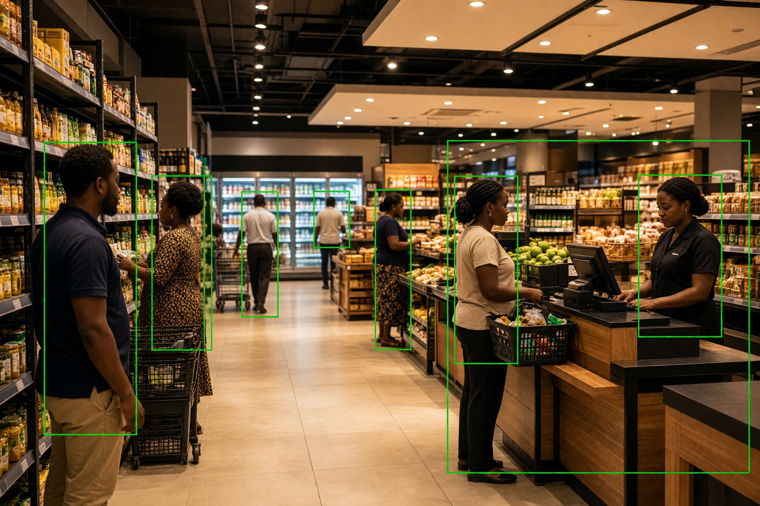 Retail store interior with computer vision overlays on customer and staff zones