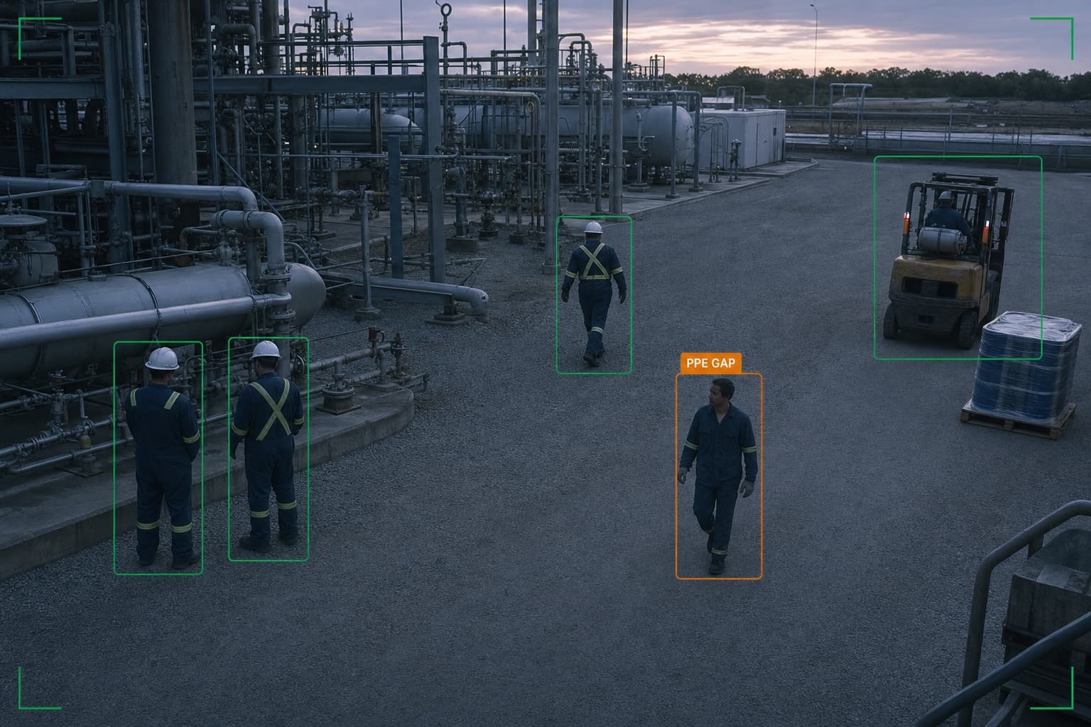 Computer vision overlay on an industrial CCTV view: safety-green bounding boxes track workers and a forklift while an amber box flags a worker with a PPE gap